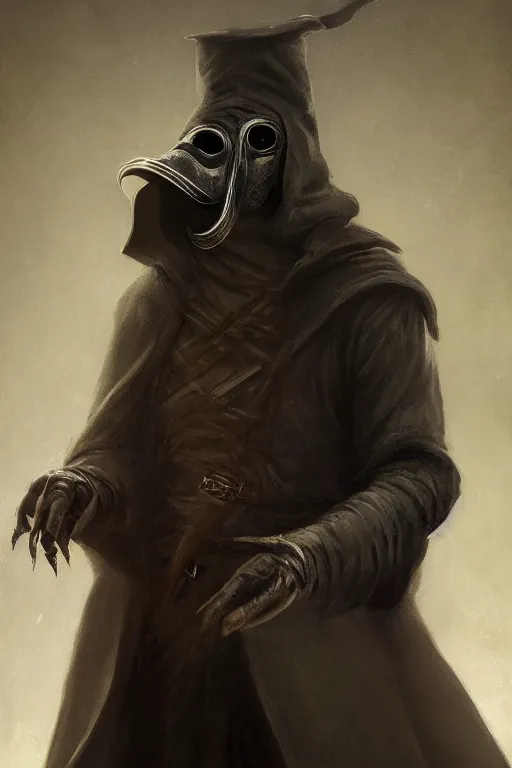 Image similar to A fancy portrait of a plague doctor by Greg Rutkowski, Sung Choi, Mitchell Mohrhauser, Maciej Kuciara, Johnson Ting, Maxim Verehin, Bloodborne, 8k photorealistic, volumetric lighting, HD, high details, dramatic, dark atmosphere, trending on artstation