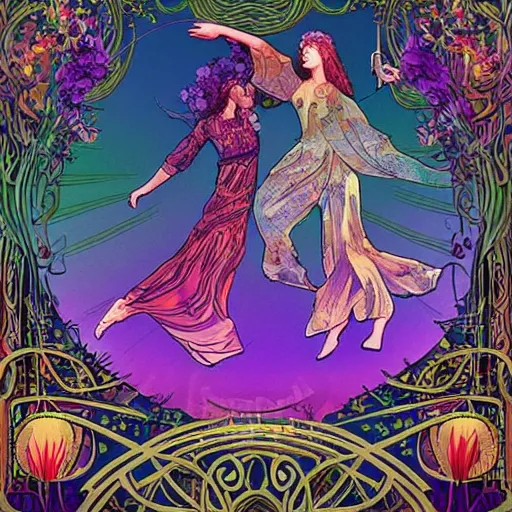 Image similar to art nouveau print hippies dancing in a flower forest, magic occult ceremony ritual summoning guitar, flowing forms, viewed from below, by pascal blanche, ultra wide angle, beautiful sky, highly detailed, 8 k artstation