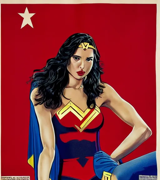 Image similar to Gal gadot posting for a Soviet Line of clothing in a Soviet propaganda realistic poster