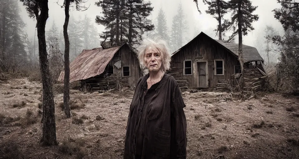 Prompt: portrait of an ugly old woman with sinister face and dirty clothes standing outside of an old cabin, forrest in the background, blurry background, moody, utopian looking, 80s, hyperrealistic, dramatic lighting, cinematic, matte painting, vivid