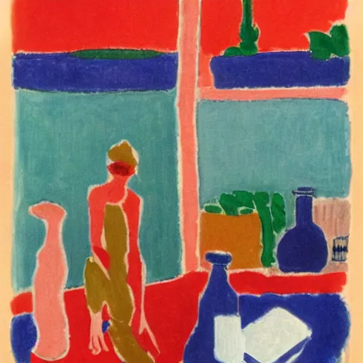 Prompt: icebox in the background with milk cartons in the foreground, in the style of madras rouge 1 9 0 7 by henri matisse.