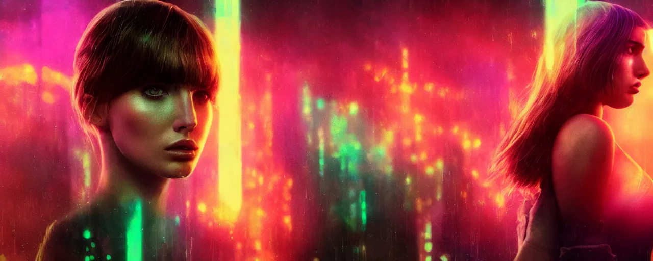 Image similar to breathtakingly beautiful Ana de Armas in blade runner 2049, long flowing hair, laser cannon, 8k, trending on artstation, unreal engine, purple neon, green rain