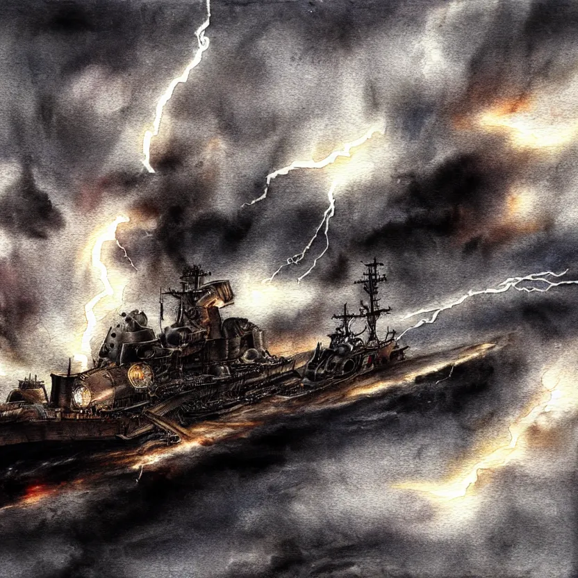 Prompt: a turbulent scene of a steampunk battleship wailing through a torrid volume of gaseous black smoke with lightning striking at will. cinematic effect, watercolor painting, overcast effect, chaos.