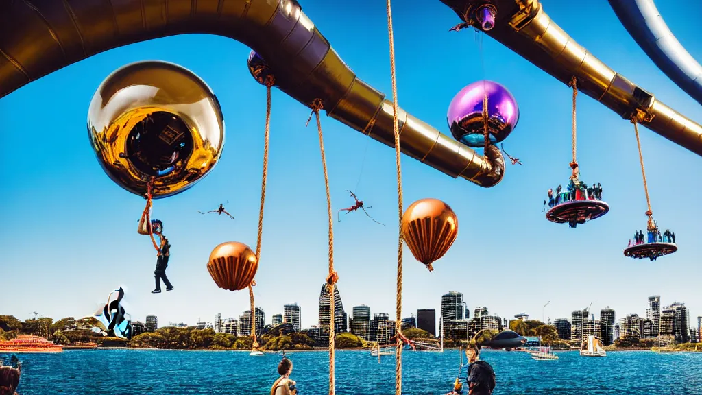 Image similar to large colorful futuristic space age metallic steampunk balloons with pipework and electrical wiring around the outside, and people on rope swings underneath, flying high over the beautiful sydney city landscape, professional photography, 8 0 mm telephoto lens, realistic, detailed, photorealistic, photojournalism