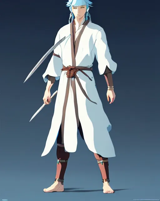 Image similar to ancient warrior, a south korean male, he wears a light blue jacket, white long hair, detailed perfect face, exquisite details, fire magic, mid view, design on a white background, by studio muti, greg rutkowski makoto shinkai takashi takeuch studio ghibli