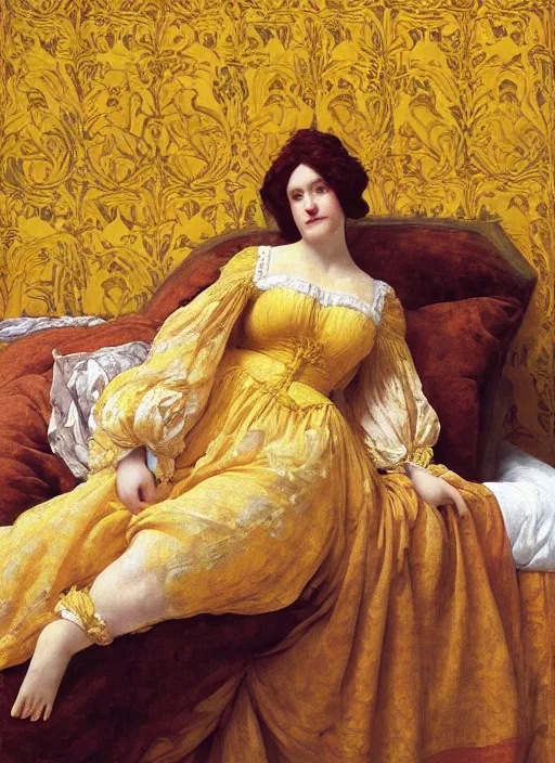 Image similar to masterpiece portrait of lady reclining on bed wearing yellow ochre ornate medieval dress, vertical, foreshortening, colour photography by frederic leighton, william morris, 8 k