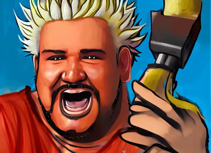 Image similar to painting of guy fieri as a character in the game league of legends, with a background based on the game league of legends, detailed face, painterly, digital art, angular!!