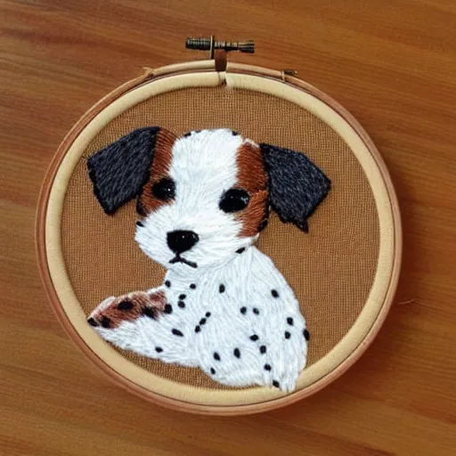 Image similar to a tiny beautiful handmade embroidery of a cute long haired wire haired jack russell terrier puppy, white with brown spots and patches over both eyes. hand embroidery.