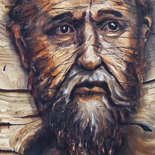 Prompt: A painting of an oak tree, with the face of an old bearded man, close up portrait of a human face made out of bark in a tree