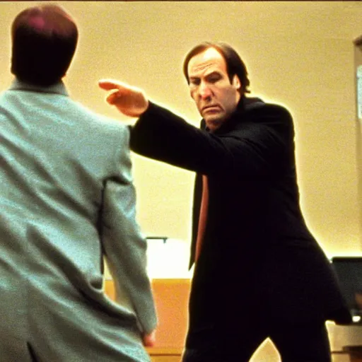 Prompt: saul goodman slow - motion dodging a bullet in the matrix ( 1 9 9 9 )