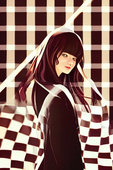 Prompt: mysterious girl with her long black hair dressed in a chequered cloak anime art style, digital art by ilya kuvshinov, inspired by balthus, hd, 4 k, hyper detailed