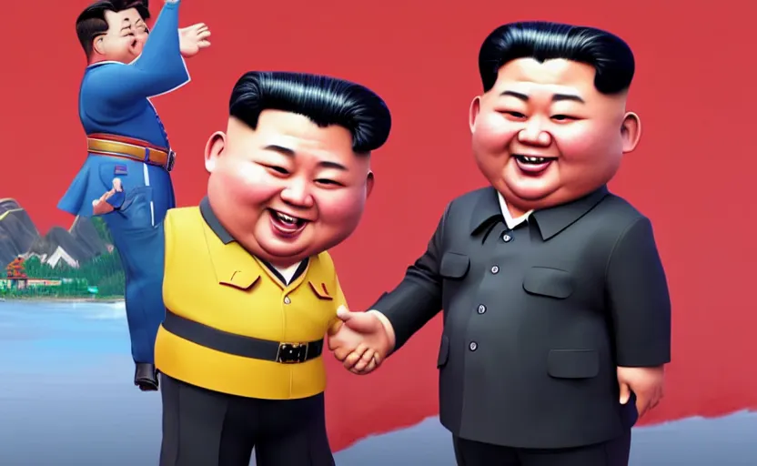 Prompt: very cute happy kim jong un shaking hands with duterte disney pixar character concept artwork, 3 d concept, fortnite character, high detail iconic character for upcoming film, 8 k octane render