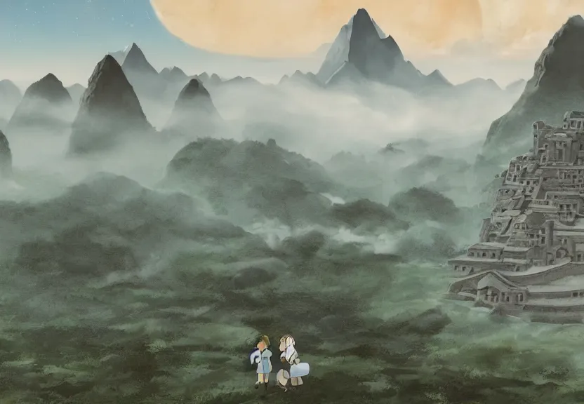 Image similar to a still from a studio ghibli film showing a huge giant grey starship. in the background is machu pichu on a misty and starry night. very dull muted colors, hd, 4 k, hq