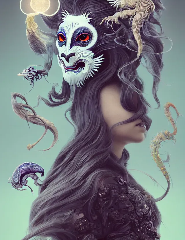 Image similar to 3 d goddess half - turn portrait with long hair with ram skull. beautiful intricately detailed japanese crow kitsune mask and clasical japanese kimono. betta fish, jellyfish phoenix, bio luminescent, plasma, ice, water, wind, creature, artwork by tooth wu and wlop and beeple and greg rutkowski