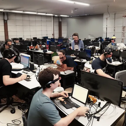 Prompt: a photograph of many video game developers working hard to finish a game