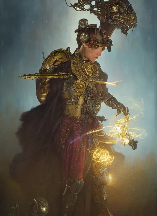 Image similar to hyper realistic knight casting a spell, refined details, denoised, birds eye view, magical, gems, jewels, gold, steampunk, cyberpunk utopia, painted by tom bagshaw, mucha, gaston bussiere, craig mullins, j. c. leyendecker 8 k