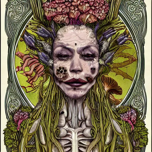 Prompt: a beautiful detailed front view portrait of a rotten woman corpse with fractal plants and fractal flowers and mushrooms growing around, intricate, symmetrical, ornate, ornamentation, bones, illustration, in the style of art nouveau