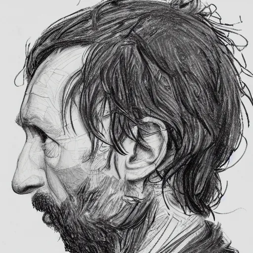 Prompt: a realistic yet scraggly portrait sketch of the side profile of a stern and sophisticated thom yorke, trending on artstation, intricate details, in the style of frank auerbach, in the style of sergio aragones, in the style of martin ansin, in the style of david aja, in the style of mattias adolfsson