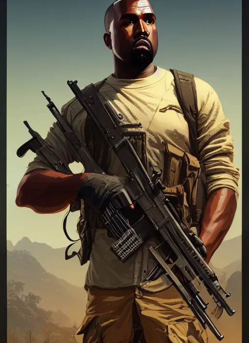 Image similar to highly detailed portrait kanye holding rifle in gta v stephen bliss unreal engine fantasy art by greg rutkowski loish rhads ferdinand knab makoto shinkai lois van baarle ilya kuvshinov rossdraws tom bagshaw global illumination radiant light detailed intricate environment