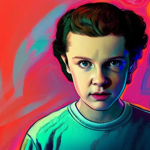 Prompt: Adorable portrait, Eleven from Stranger things artstation winner by Victo Ngai, Kilian Eng and by Jake Parker, swirly vibrant color lines, winning-award masterpiece, fantastically gaudy, aesthetic octane render, 8K HD Resolution