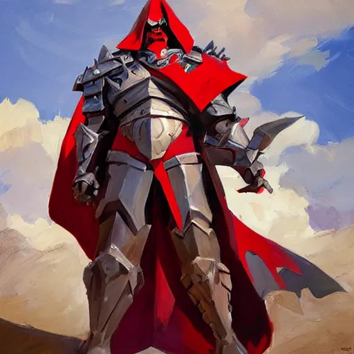 Image similar to greg manchess portrait painting of armored lord momon with red cloak as overwatch character, medium shot, asymmetrical, profile picture, organic painting, sunny day, matte painting, bold shapes, hard edges, street art, trending on artstation, by huang guangjian and gil elvgren and sachin teng