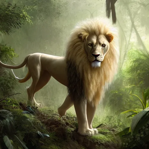 Image similar to commission portrait of a male anthro albino lion,wearing cargo pants and a boack t-shirt,going through a jungle cautiously.dramatic,character design by charles bowater,greg rutkowski,ross tran,hyperdetailed,hyperrealistic,4k,deviantart,artstation,professional photography,concept art