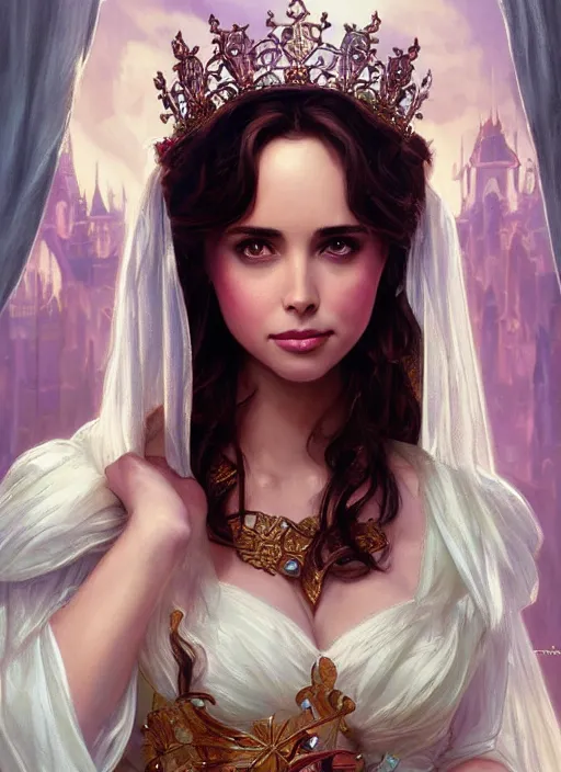 Prompt: beautiful young eliza dushku as princess disney, closeup, d & d, fantasy, intricate, elegant, highly detailed, digital painting, artstation, concept art, matte, sharp focus, illustration, art by artgerm and greg rutkowski and alphonse mucha