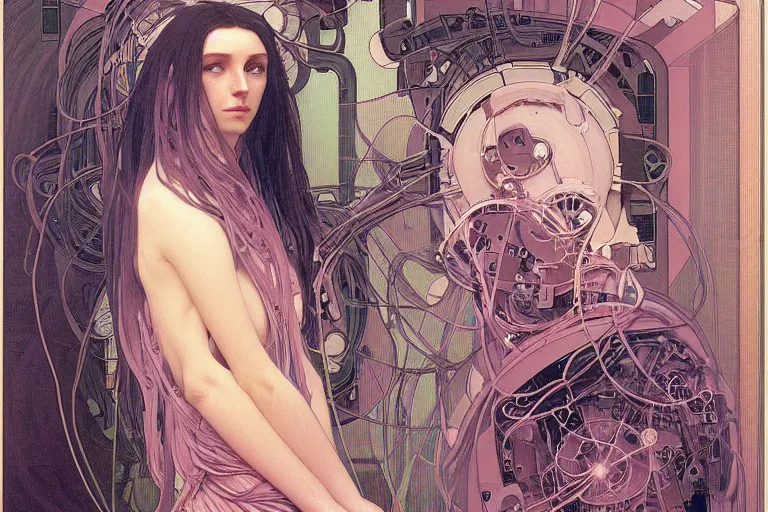 Image similar to symmetric, a dark woman android in a pastel pink dress, in a room full of neural networks and wires and computers, dark sci - fi, ai, 4 k realistic, artem demura. alphonse mucha