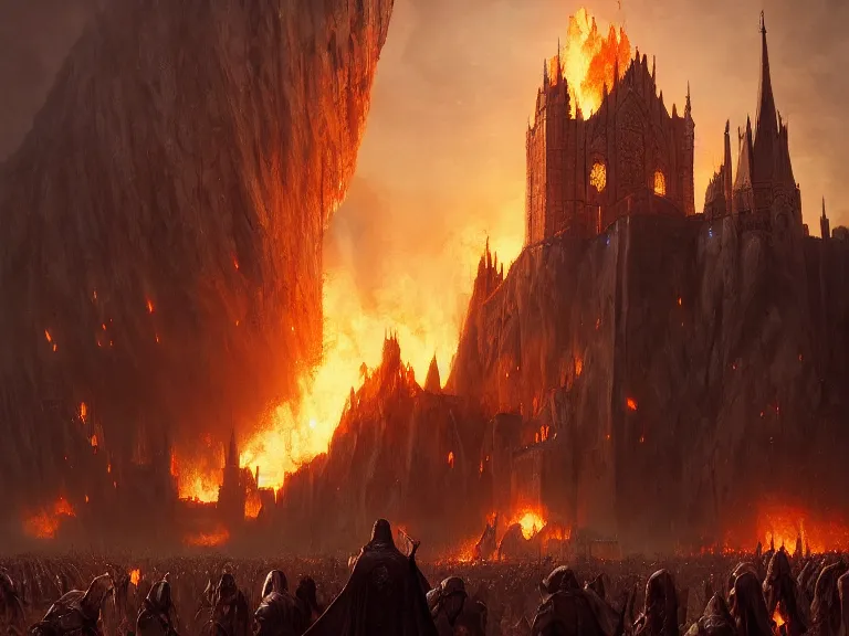 Image similar to medieval cities on fire, lord of the rings, game of thrones, unreal 5, cinematic, 8 k, unreal engine, beautiful, smoothly, concept art, artstation, highly detailed, by wlop, by greg rutkowski, oil painting, by artgerm