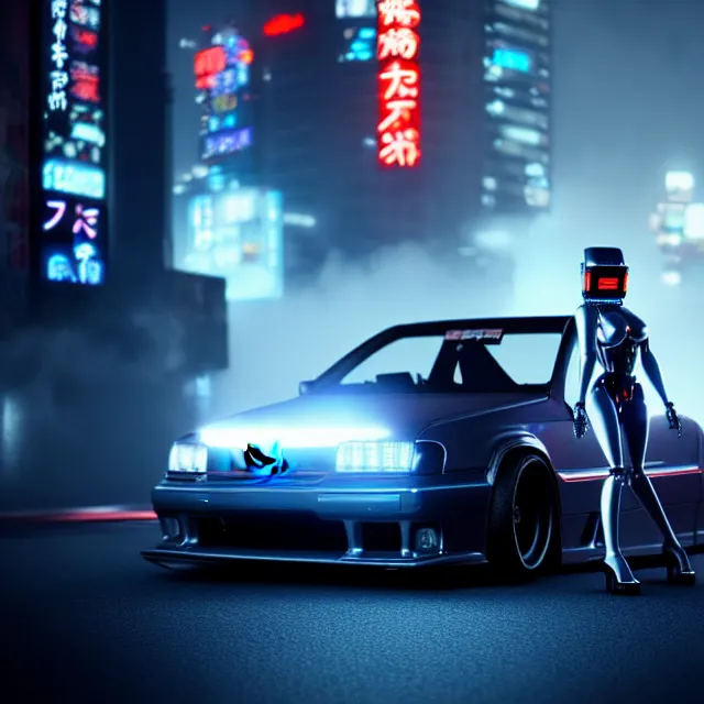 Prompt: toyota jzx 1 0 0 illegal drift with hot cyberpunk robot girl standing, detailed wheels, shibuya prefecture, cinematic lighting, fog mist smoke, photorealistic, night photography, octane render by tomino - sama