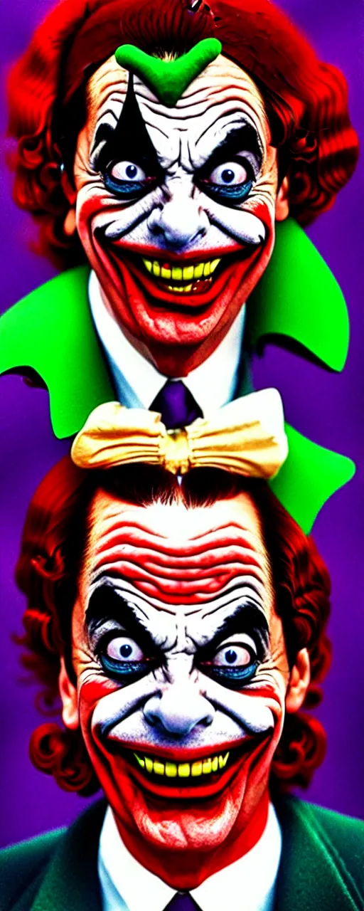 Image similar to mr. bean as joker, fantastic vivid color portrait - w 7 6 8