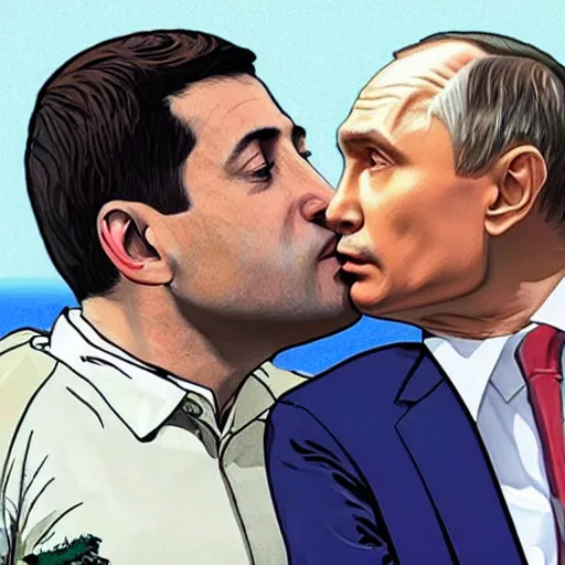 Image similar to Vladimir Putin kissing Zelensky in gta art style