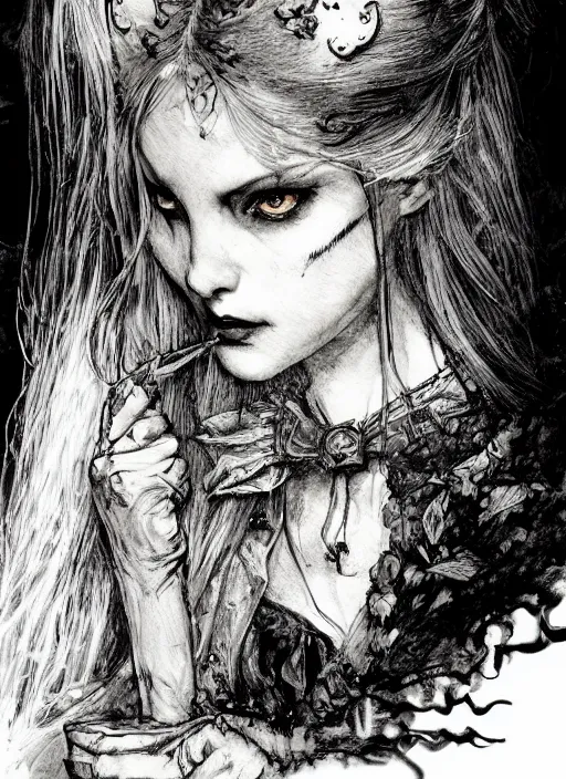 Image similar to portrait, Gothic Alice in Wonderland, watercolor, dramatic lighting, cinematic, establishing shot, extremely high detail, foto realistic, cinematic lighting, pen and ink, intricate line drawings, by Yoshitaka Amano, Ruan Jia, Kentaro Miura, Artgerm, post processed, concept art, artstation, matte painting, style by eddie mendoza, raphael lacoste, alex ross