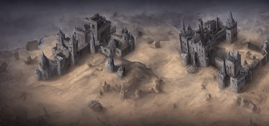 Image similar to A digital concept art painting of a dark blue medieval european ghotic castle in desert, 4K UHD image, unreal engine