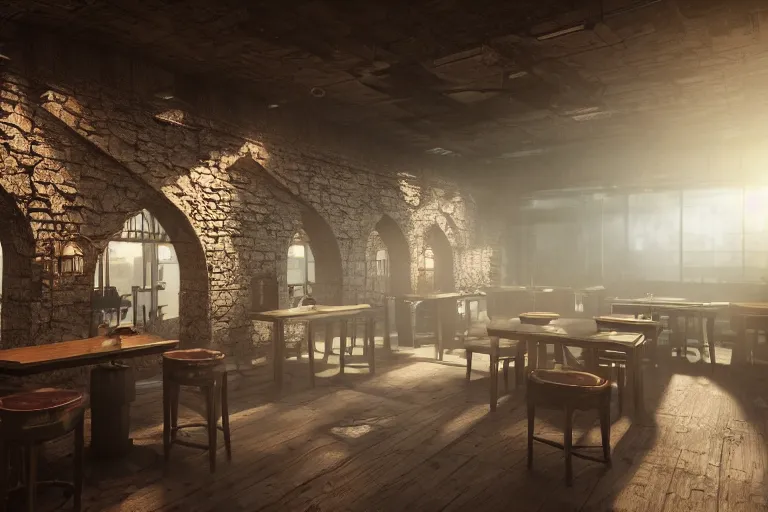 Prompt: ultra mega super hyper realistic Digital concept interior design of cyberpunk tavern with stone walls and neon lights. Natural white sunlight from the transperient roof. Rendered in VRAY and DaVinci Resolve and MAXWELL and LUMION 3D, Volumetric natural light