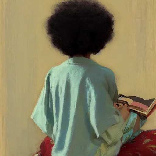 Image similar to girl with afro with a comb in it, in kimono, backview, sitting on edge of bed, reading a book, by jeremy lipking, tim rees, joseph todorovitch