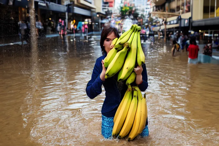 Image similar to closeup portrait of a woman carrying a bunch of bananas over her head in a flood in Rundle Mall in Adelaide in South Australia, photograph, natural light, sharp, detailed face, magazine, press, photo, Steve McCurry, David Lazar, Canon, Nikon, focus