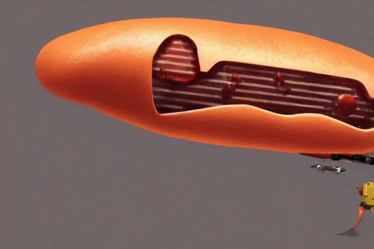 Image similar to concept art of a hot dog mech, sci fi, highly detailed, digital painting, artstation, smooth, sharp focus, illustration, art by kezrek and daniel graffenberger