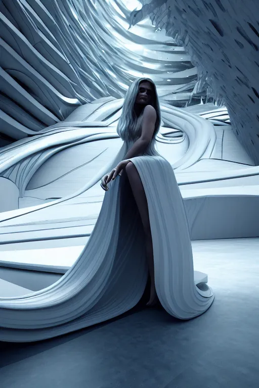 Image similar to a futuristic scene with an log silver haired beautiful woman in a white flowing dress, in front of a zaha hadid building, cinematic matte painting, extreme detail photo quality, dark moody colors, featured on behance