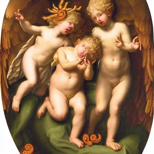 Prompt: cherubs with flaming hot cheetos for hair, extremely detailed, a baroque painting, rococo style