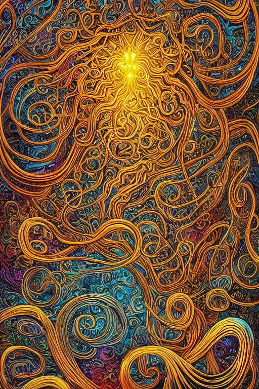 Image similar to a intricate background design with deep and intricate rune carvings and twisting intricate golden linework lovecraftian by dan mumford, twirling smoke trails, a twisting vortex of dying galaxies, collapsing stars, digital art, photorealistic, vivid colors, highly detailed, intricate painted by peter max