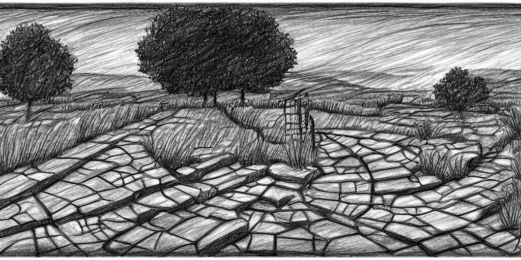 Image similar to Drawing of a large scale field landscape. single gritty stone gate as centerpiece. Stylized. Digital art. 8k. Evocative.