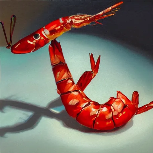 Image similar to hype realistic oil painting of an anthropomorphic shrimp holding a candy cane