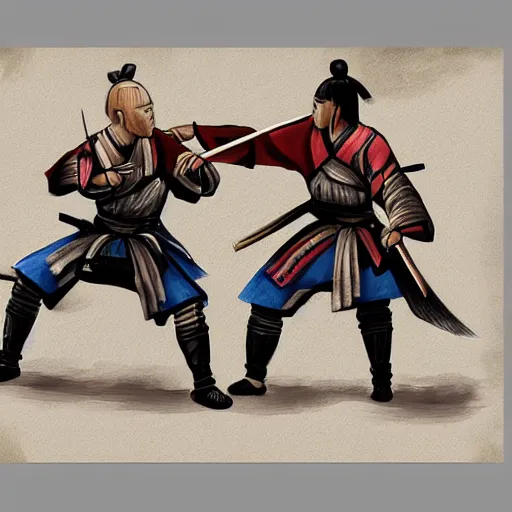 Prompt: two samurai warriors fighting on the battlefield, Digital painting