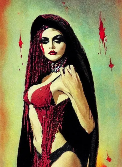 Image similar to portrait of svelt iranian vampiress, jeweled veil, strong line, saturated color, beautiful! coherent! by frank frazetta, high contrast, blood splatter background