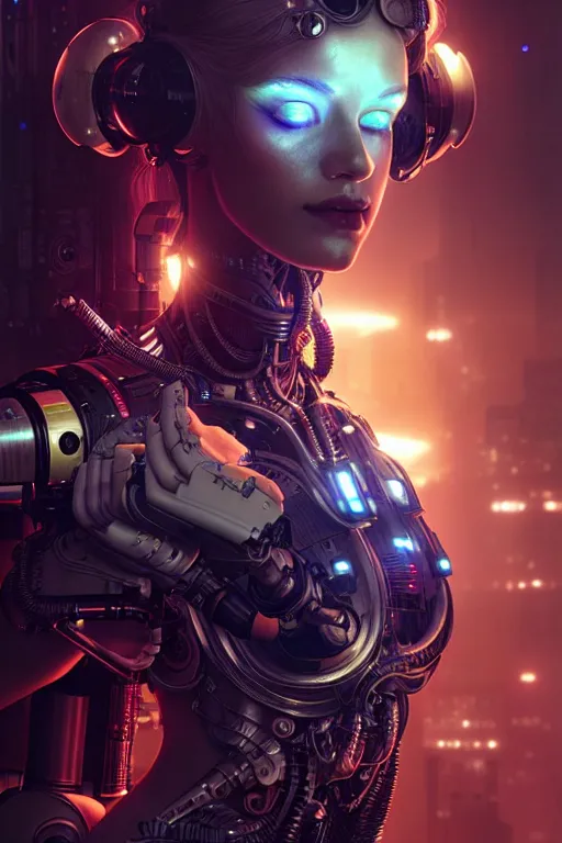 Image similar to ultra realistic, beautiful female cyborg in a crowded smoky cyberpunk club in space megalopolis, sci - fi, intricate details, eerie, highly detailed, octane render, 8 k, art by artgerm and alphonse mucha and greg rutkowski