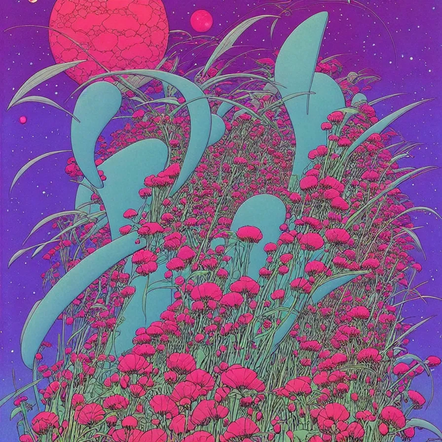 Image similar to ( ( ( ( beautiful flowers in a strange planet ) ) ) ) by mœbius!!!!!!!!!!!!!!!!!!!!!!!!!!!, overdetailed art, colorful, artistic record jacket design