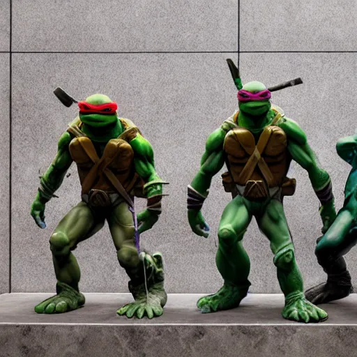 Image similar to teenage mutant ninja turtles as a sculpture by donatello, white marble, glossy, high details, cinematic