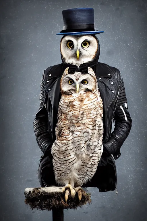 Prompt: cute owl wearing black biker jacket, portrait photo, backlit, studio photo, background colorful, tophat, kobalt blue, tophat, stone, sitting on stone