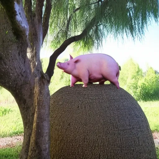 Image similar to a cute pig, meditating like buddha wearing mala beads, on top of a giant mushroom, large willow tree in the background.